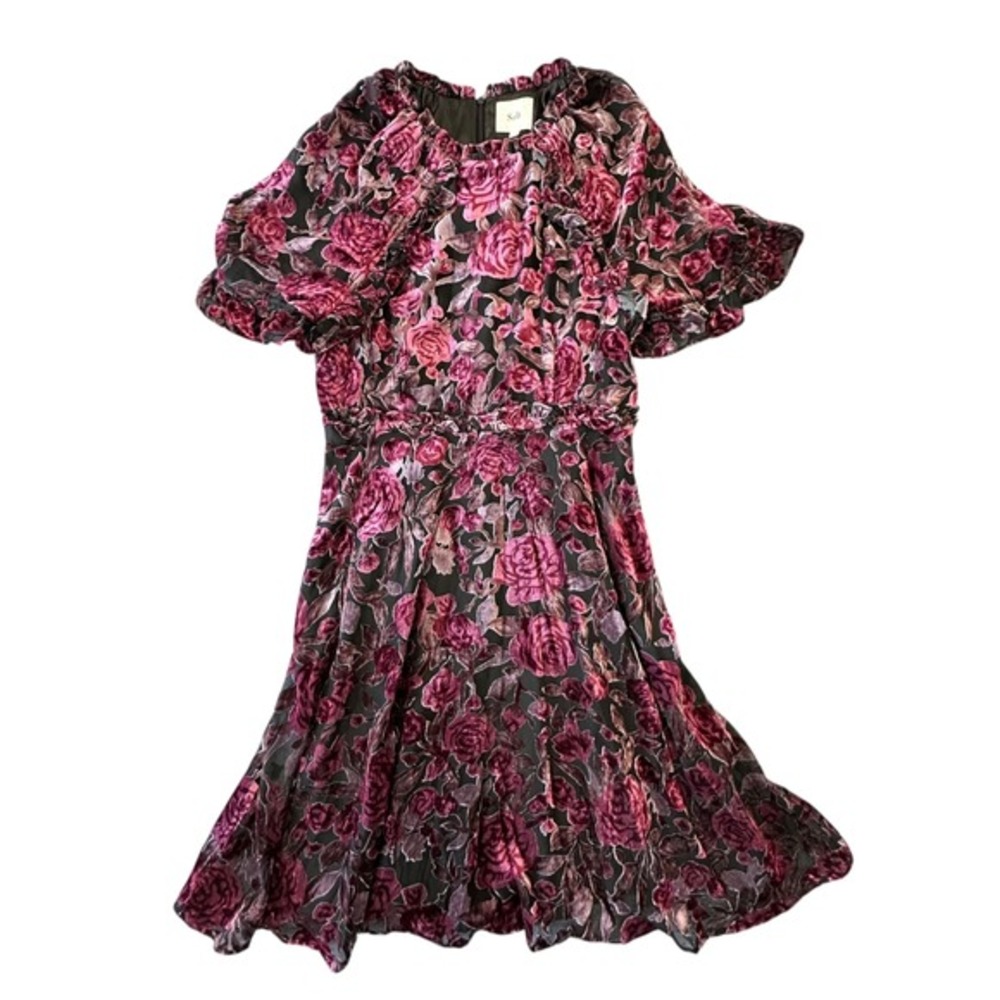 Salt Dark Rose Floral Burnout Velvet Midi‎ Dress Puff Sleeve Pink Purple Ruffle